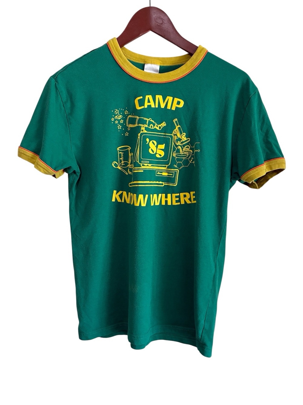 Stranger Things Retro Camp Know Where ‘85 Unisex Green Ringer Tee Size Small